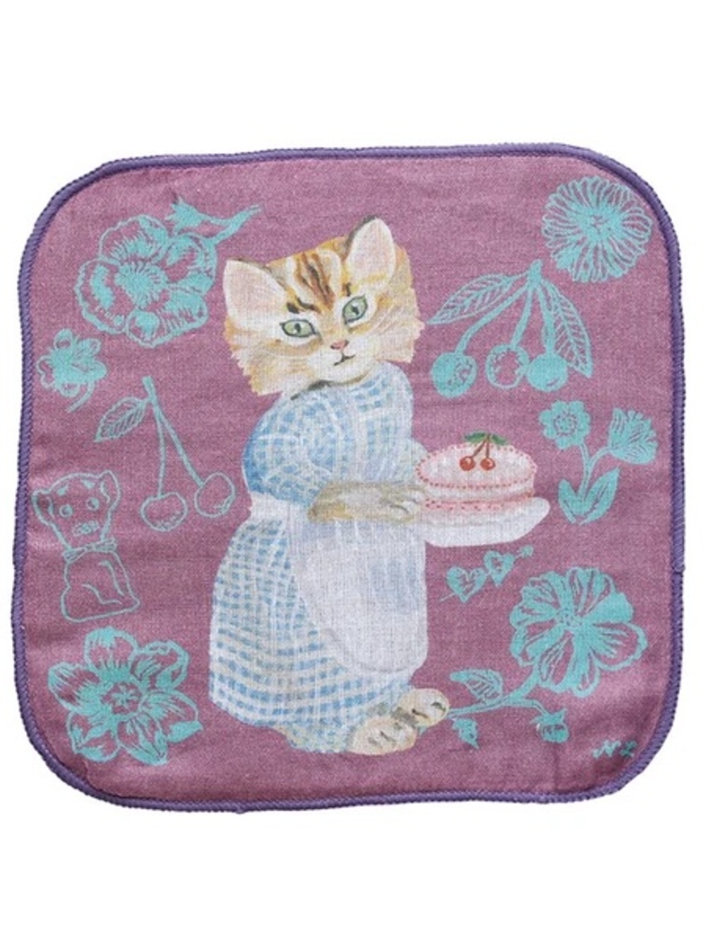 Nathalie Lete! Hand Towel Wash Cloth. Animals, cats. Purple Cat w/ Cake! New!